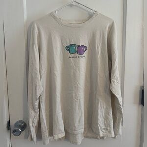 Life Is Good Long Sleeve Tee in Cream with Teal & Purple Mug Graphic